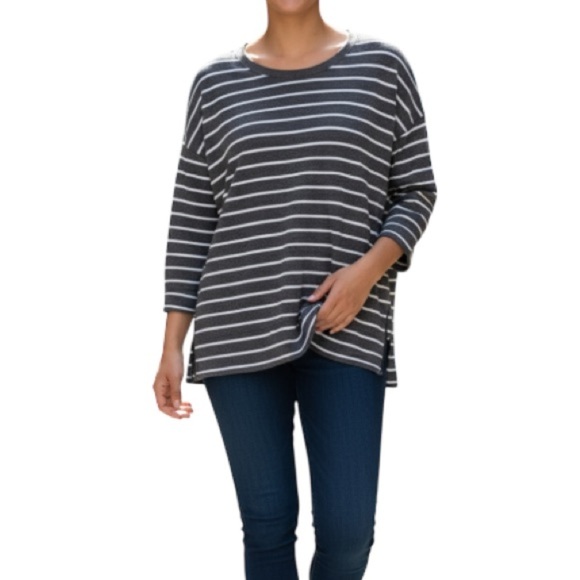 LOFT Factory Side Zip Top Grey Striped Crewneck Long Sleeve Baggy Size S - Picture 1 of 10